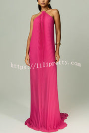 Coralie Pleated Metal Ring Halter Backless Loose Maxi Dress