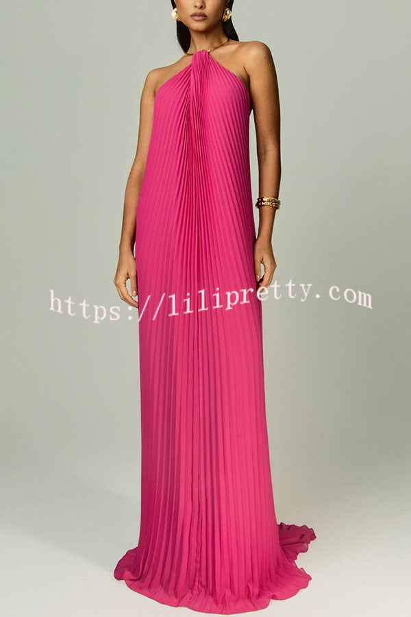 Coralie Pleated Metal Ring Halter Backless Loose Maxi Dress
