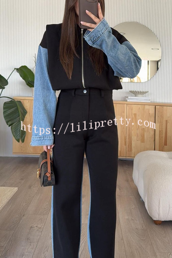 Sports Fashion Denim Patchwork Sweatshirt Fabric Zipper Long Sleeve Loose Jacket