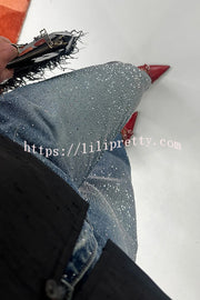 Fashionable Rhinestone Mid-rise Loose Pocket Straight Jeans