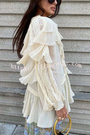 Autumn Boho Chiffon Lace Trim Ruffle Balloon Sleeve Blouse
