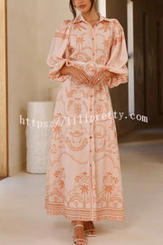 Linen Blend Lapel Puff Sleeve Casual Waist Belted Maxi Dress