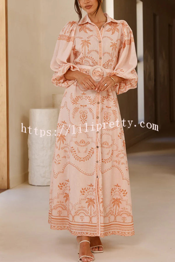 Linen Blend Lapel Puff Sleeve Casual Waist Belted Maxi Dress