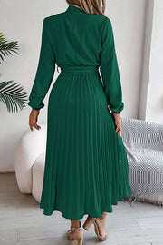 Elegant Stand-collar Long-sleeve Waisted Tie-up Pleated Midi Dress