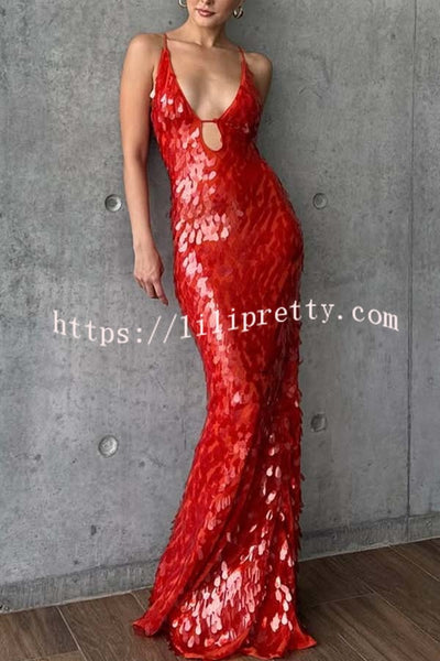 Reshape Beauty Fish Scale Sequin Cutout U-neck Slip Maxi Dress