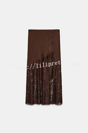 Cozy Sweet Darling Satin Lace Patchwork Mid Rise Slit Maxi Skirt