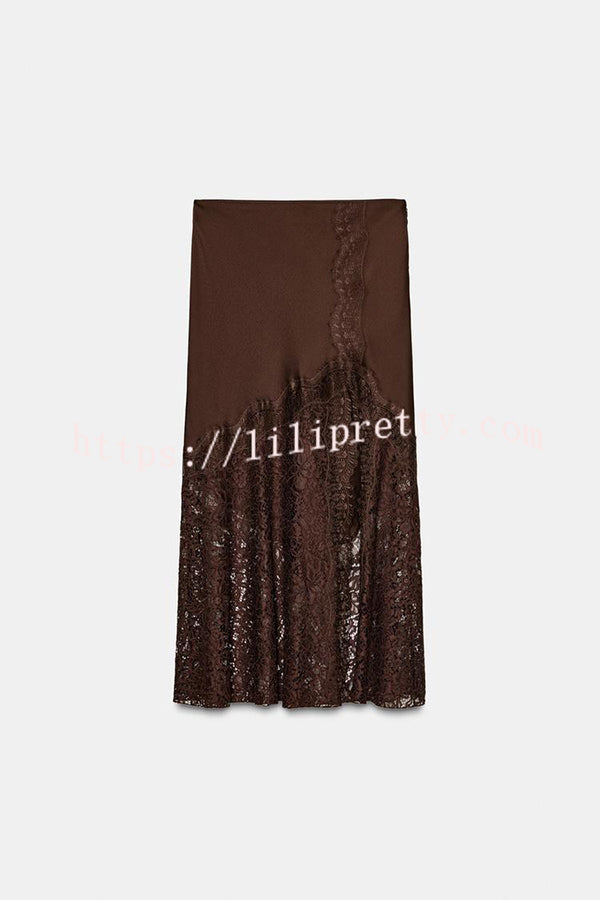 Cozy Sweet Darling Satin Lace Patchwork Mid Rise Slit Maxi Skirt