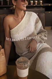 Soft Autumn Knit Colorblock One Shoulder Sleeve Ribbed Trim Loose Sweater