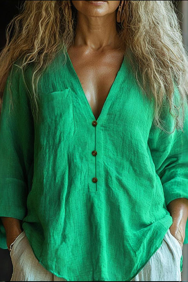Linen Blend V-neck Long-sleeved Pocket Loose Top