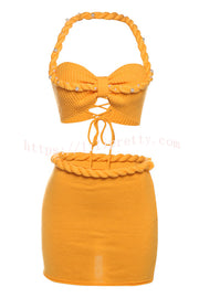Sexy Halterneck Pearl-embellished Lace-up Tank and Fitted Knit Mini Skirt Set
