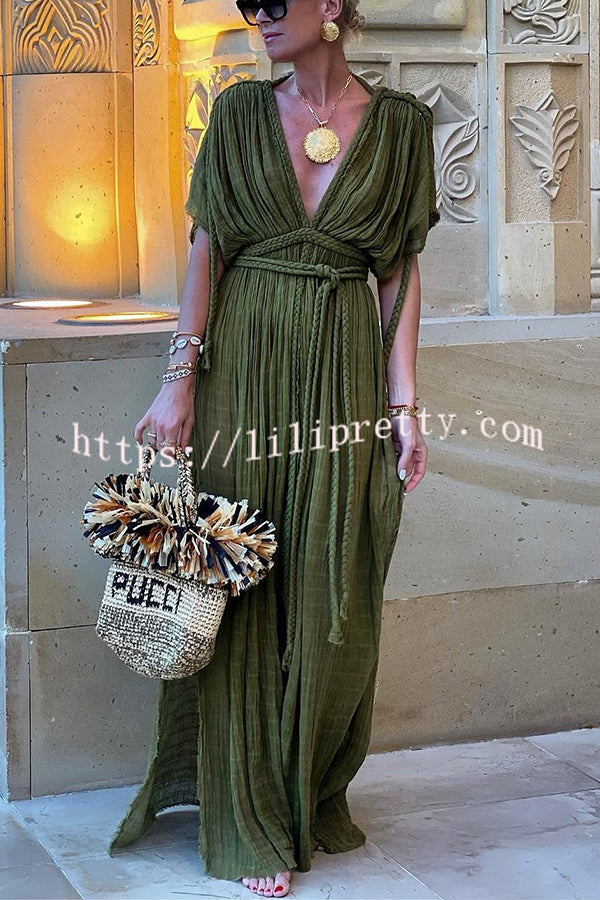 Greek Style Linen Blend Draped Braids Kimono Cover Up Slit Maxi Dress lilipretty Greek Style Linen Blend Draped Braids Kimono Cover Up Slit Maxi Dress lilipretty
