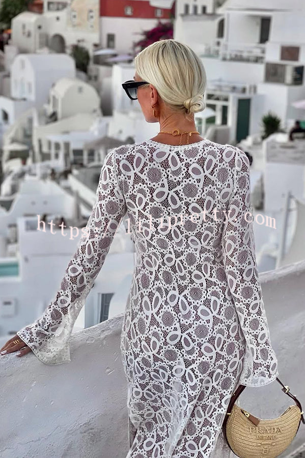 Santorini Sunset Floral Lace Long Sleeve Slit Vacation Maxi Dress