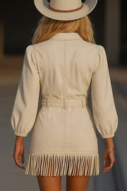 Stylish Long-sleeved Fitted Waist Fringed Hem Denim-style Mini Dress