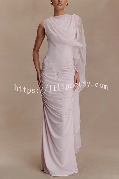 Fashionable Mesh Shawl Sleeveless Slim Fit Pleated Maxi Dress