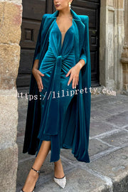 Olivienne Luxurious Velvet Padded Shoulders Slit Sleeve Lapel Midi Cape