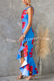 Stunning Muse Floral Print One Shoulder Irregular Ruffles Slit Maxi Dress