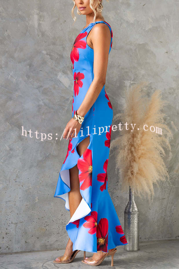 Stunning Muse Floral Print One Shoulder Irregular Ruffles Slit Maxi Dress