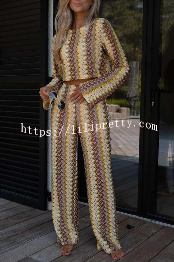 Tamia Knit Colorful Wave Unique Print Crop Top and Stretch Wide Leg Pants Set