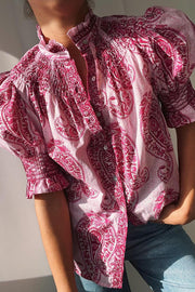 Unique Printed Stand Collar Lantern Sleeve Loose Shirt Top