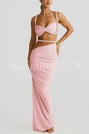 Sexy Halter Back Braided Suspender Top and Beach Holiday Style Hip-wrapped Maxi Skirt Set