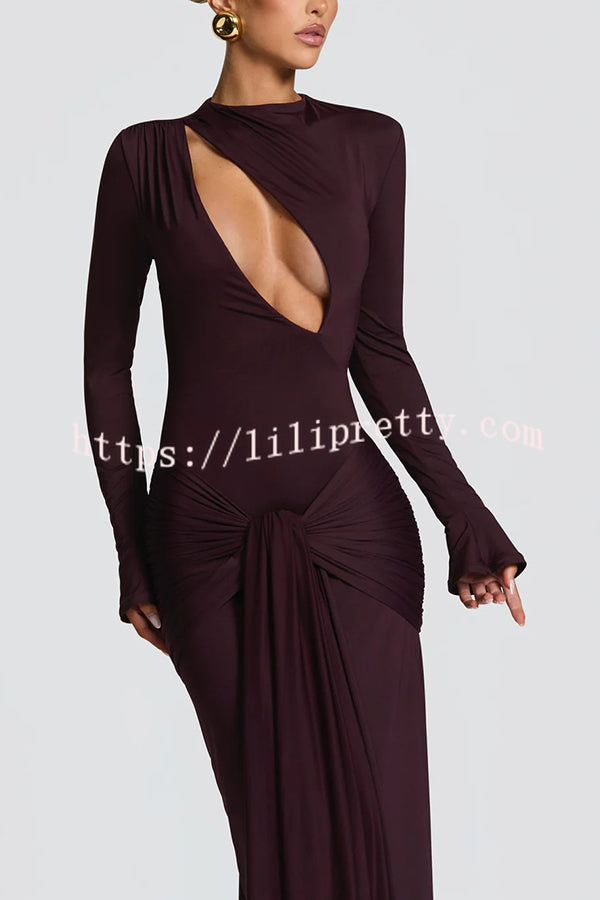 Sexy Cutout Fitted Long-sleeved Pleated Satin Ribbon Maxi Dresses