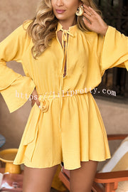 Solid Color Casual Lace-up Trumpet Sleeve Waist Loose Rompers