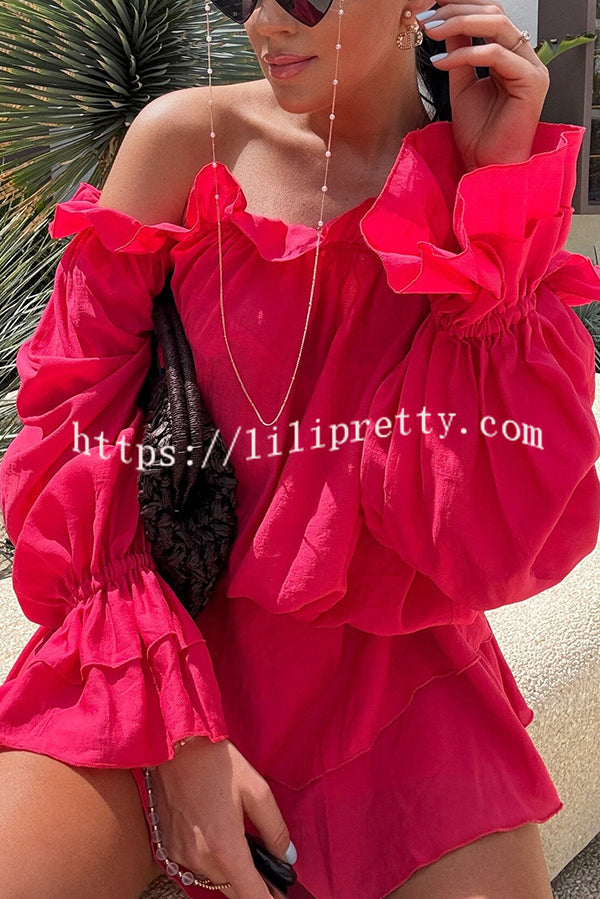 Arnell Linen Blend Off Shoulder Balloon Sleeve Shirt and Elastic Waist Layered Shorts Set