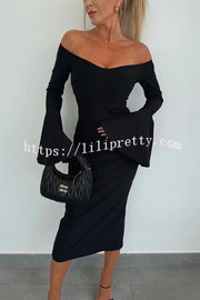 Solid Color Sexy Off-shoulder Trumpet Sleeve Slim Midi Dress