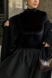 Solid Color Velvet Patchwork High Neck Long Sleeve Maxi Dress