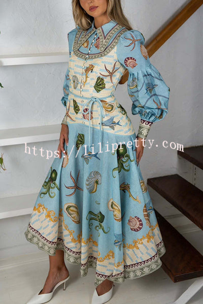 Ocean Print Lapel Button Waist Tie Resort Maxi Dress