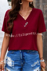 Temperament and Casual Buttoned V Neck Hollow Short Sleeved Top