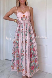 Linen Blend Delicate Forest Unique Print Sweetheart Neck Beaded Straps Maxi Dress