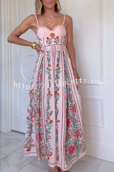 Linen Blend Delicate Forest Unique Print Sweetheart Neck Beaded Straps Maxi Dress