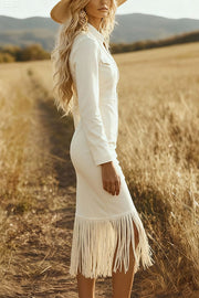 Stylish Suede Long-sleeved Zippered Slim-fit Tassel Midi Dress