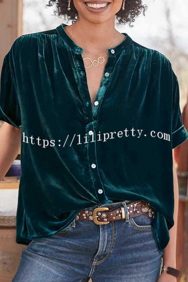 Lilipretty Velvet Solid Short Sleeve Round Neck Single Breasted Shirt