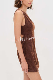 Atlas Faux Suede Open Back Button Accents Zipper Mini Dress