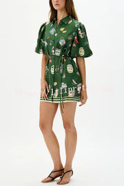 Linen Blend Unique Print Puff Sleeve Casual Mini Dress