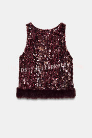 Gala Goddess Sequin Faux Fur Trim Crew Neck Sleeveless Loose Top