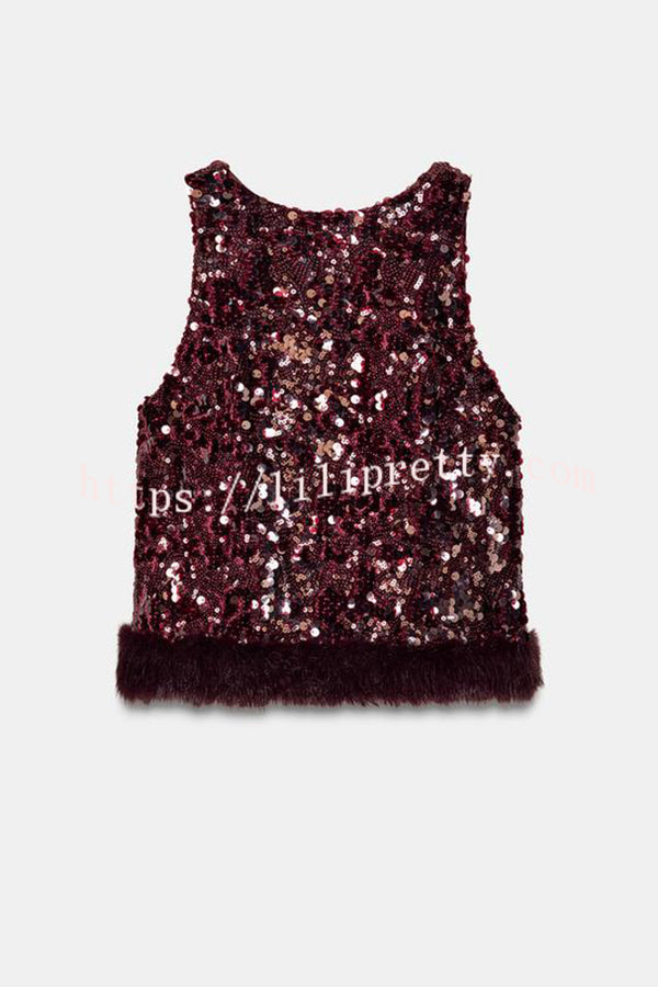 Gala Goddess Sequin Faux Fur Trim Crew Neck Sleeveless Loose Top