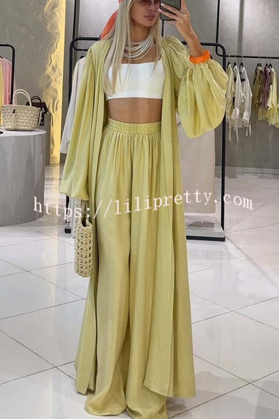 Beach Cottage Open Front Long Pleated Lantern Sleeve Long Cover-up Jacket