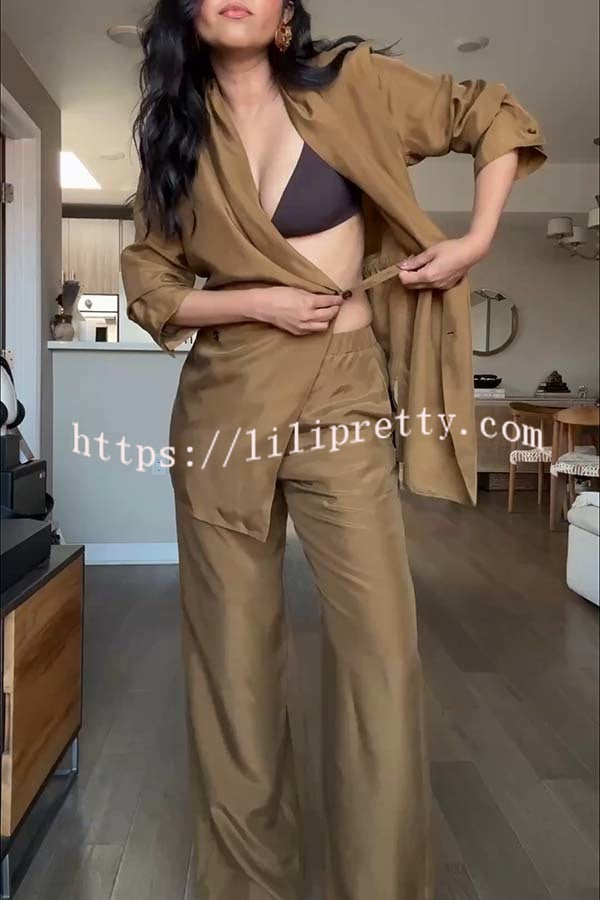 Bella Satin Drape Collar Single Button Casual Blazer and Elastic Waist Pocket Loose Pants Set