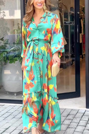 Multicolor Printed Lapel Balloon Sleeves Tie-waist Maxi Dress