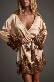 Gold Standard Satin Lace Trim Contrast Color Bell Sleeve Tie-up Kimono Mini Dress