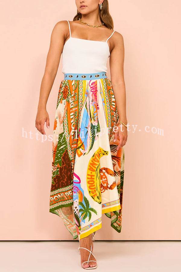 Lilipretty® Summer Destination Satin Unique Print Elastic Waist Irregular Hem Maxi Skirt