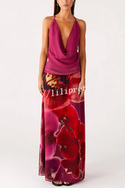 Sexy Deep V Backless Draped Camisole Top and Floral Print Chiffon Maxi Skirt Set