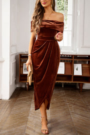 Solid Color Velvet Off-shoulder Slim-fit Elegant Slit Midi Dress