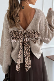 Gisella Knit Back Slit Leopard Print Bow Design Long Sleeve Relaxed Sweater