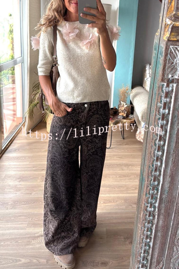 Alboran Knit Organza Flowers Detail Short Sleeve Loose Sweater