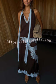 Sunday Social Contrast Color Satin Lace Trim Neck Strap Loose Tank