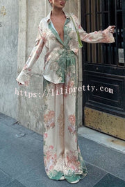 Antibes Satin Court Unique Printed Long Sleeve Loose Shirt and Elastic Waist Pants Set